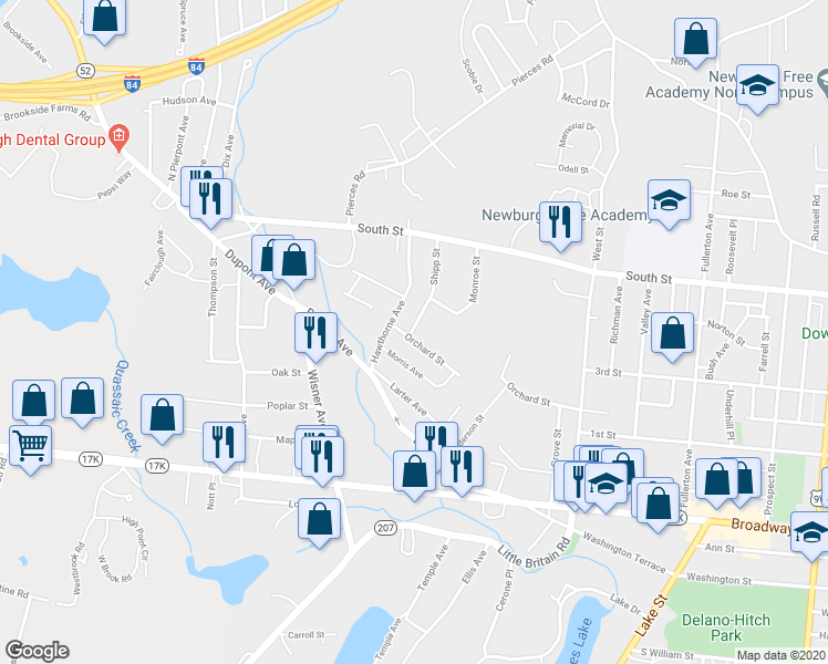 map of restaurants, bars, coffee shops, grocery stores, and more near 4 Shipp Street in Newburgh