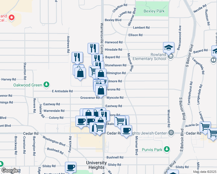 map of restaurants, bars, coffee shops, grocery stores, and more near 4013 Verona Road in South Euclid