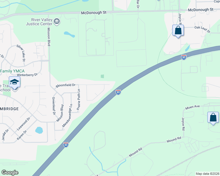 map of restaurants, bars, coffee shops, grocery stores, and more near 2804 Bloomfield Drive in Joliet