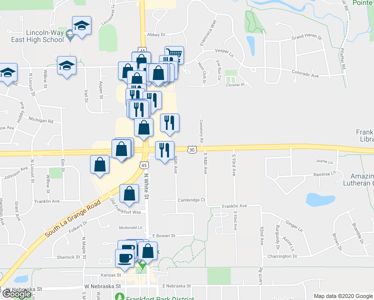 map of restaurants, bars, coffee shops, grocery stores, and more near 9549 West Lincoln Highway in Frankfort