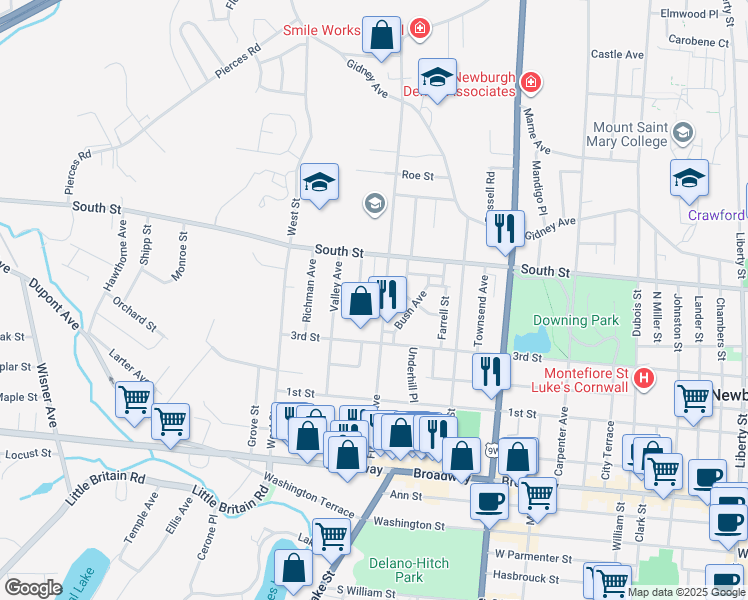 map of restaurants, bars, coffee shops, grocery stores, and more near 141 Fullerton Avenue in Newburgh