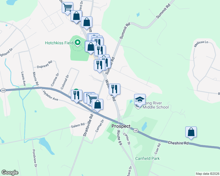 map of restaurants, bars, coffee shops, grocery stores, and more near 24 Waterbury Road in Prospect