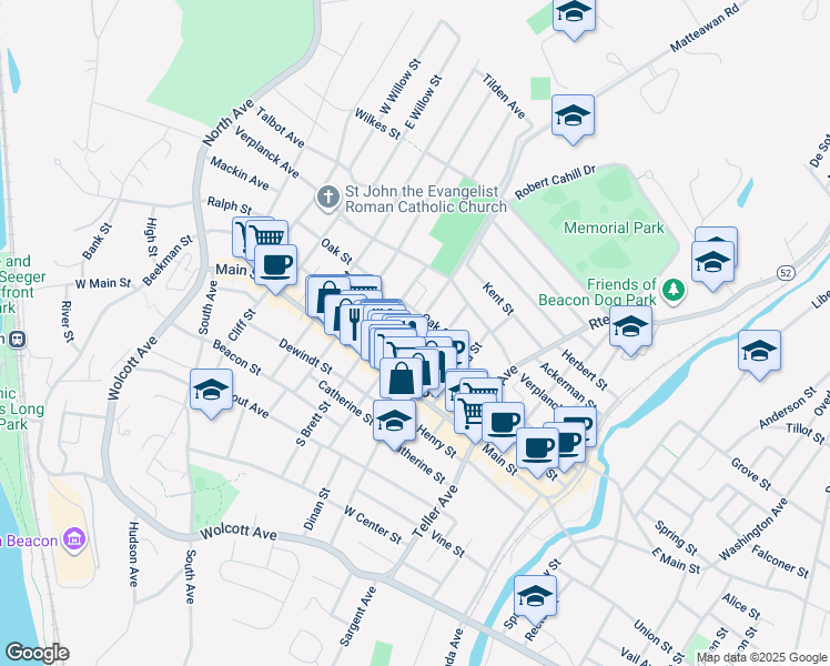 map of restaurants, bars, coffee shops, grocery stores, and more near 20 North Cedar Street in Beacon