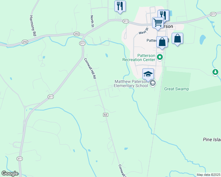 map of restaurants, bars, coffee shops, grocery stores, and more near 201 Cornwall Meadows Lane in Patterson