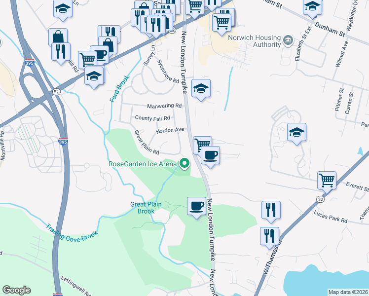 map of restaurants, bars, coffee shops, grocery stores, and more near 11 Great Plain Road in Norwich