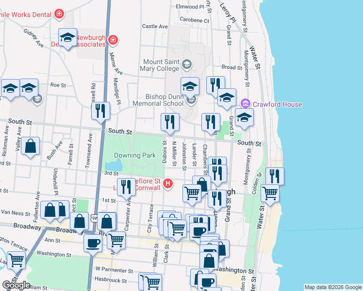 map of restaurants, bars, coffee shops, grocery stores, and more near 162 Johnston Street in Newburgh