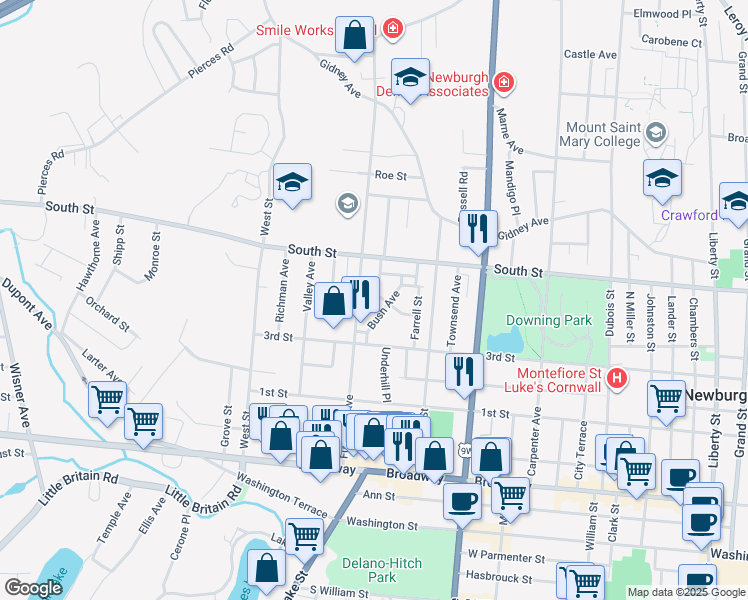 map of restaurants, bars, coffee shops, grocery stores, and more near 16 Norton Street in Newburgh