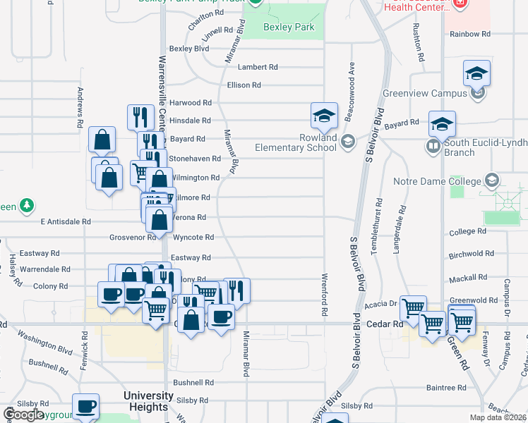 map of restaurants, bars, coffee shops, grocery stores, and more near 4141 Verona Road in South Euclid