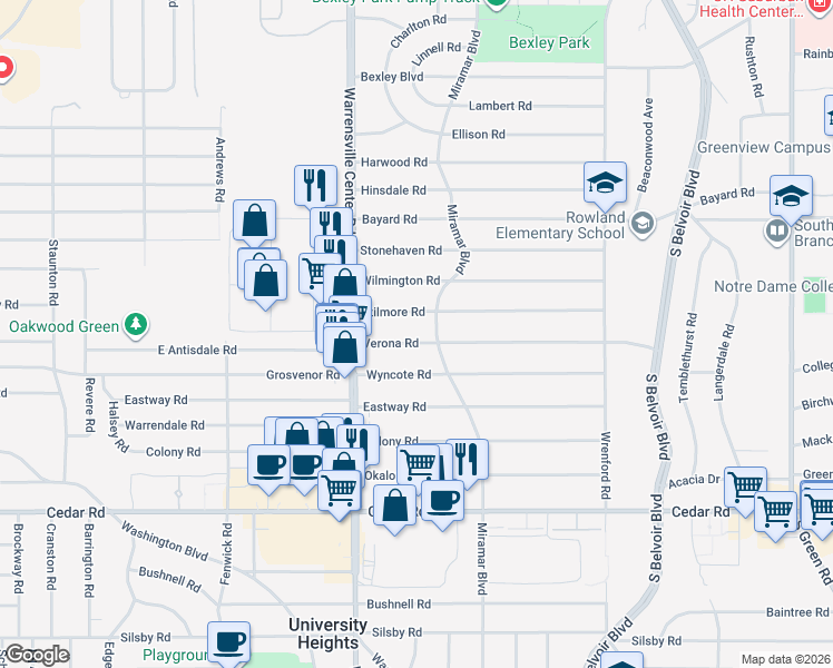 map of restaurants, bars, coffee shops, grocery stores, and more near 4055 Verona Road in South Euclid