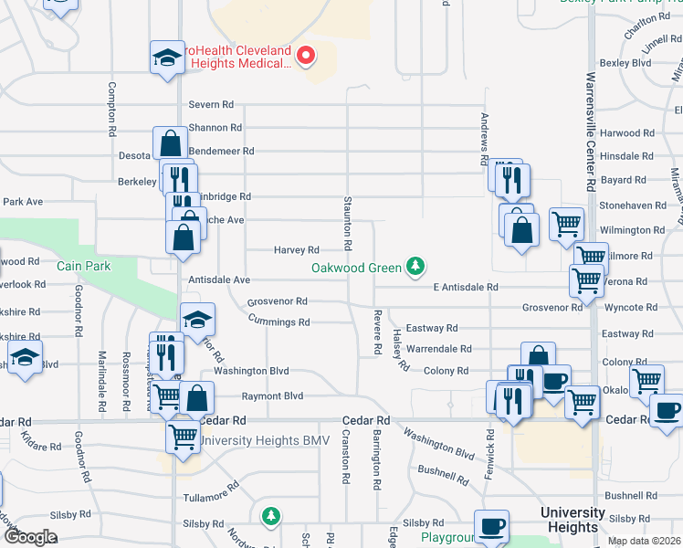 map of restaurants, bars, coffee shops, grocery stores, and more near 1949 Staunton Road in Cleveland Heights