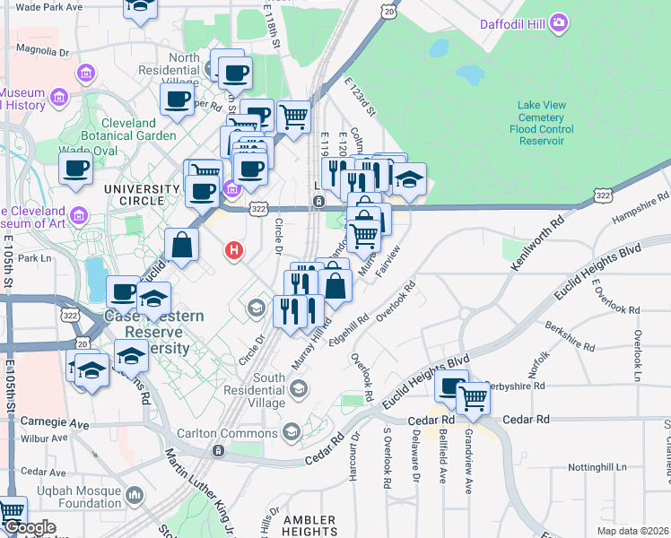 map of restaurants, bars, coffee shops, grocery stores, and more near 2085 Random Road in Cleveland