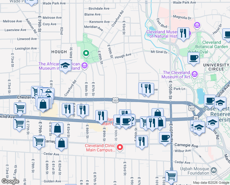 map of restaurants, bars, coffee shops, grocery stores, and more near 1877 East 90th Street in Cleveland