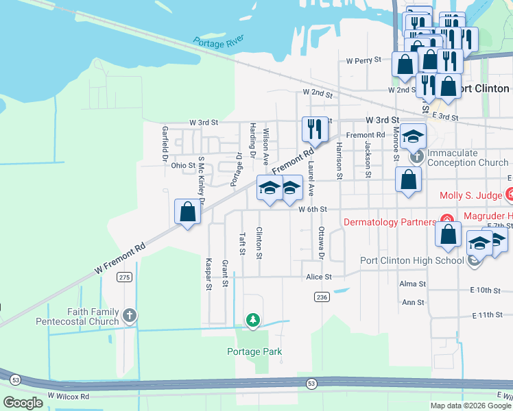 map of restaurants, bars, coffee shops, grocery stores, and more near 630 West 6th Street in Port Clinton