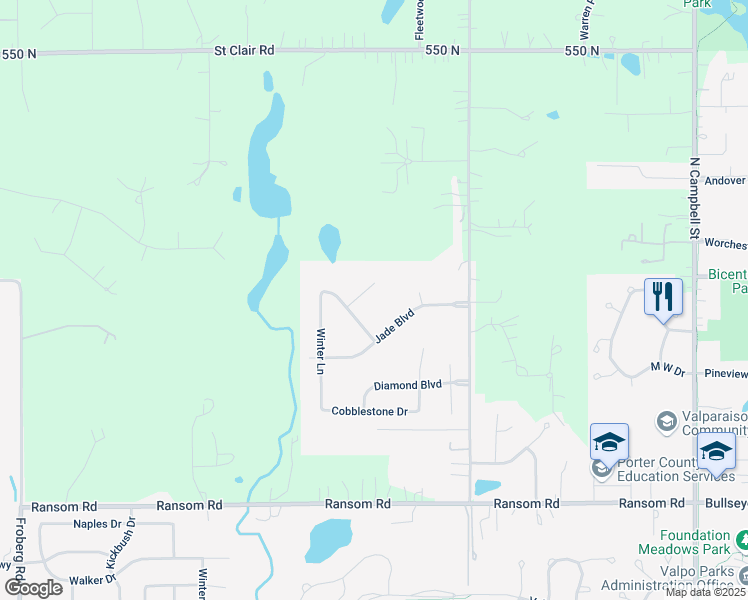 map of restaurants, bars, coffee shops, grocery stores, and more near Onyx Court in Valparaiso