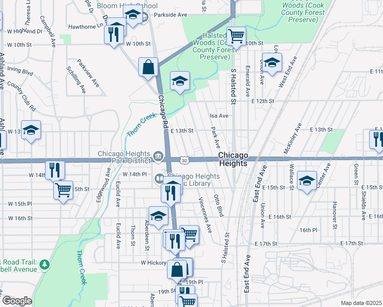 map of restaurants, bars, coffee shops, grocery stores, and more near 1343 Vincennes Avenue in Chicago Heights