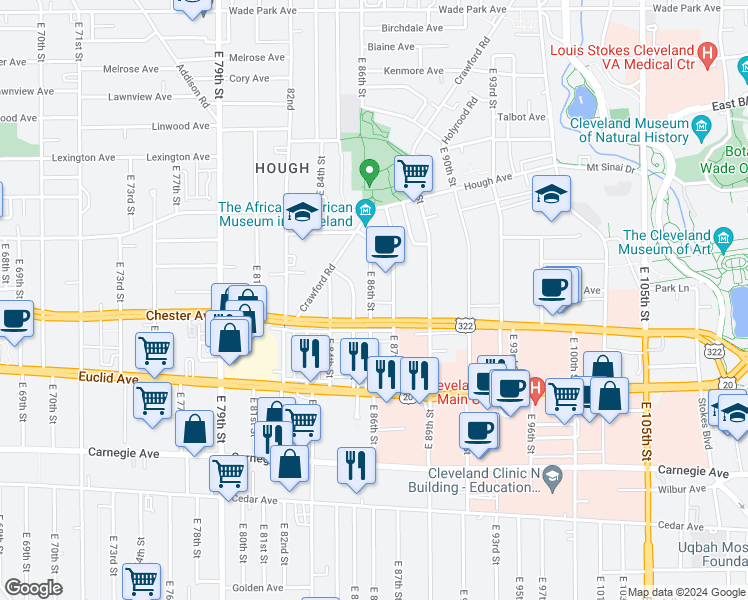 map of restaurants, bars, coffee shops, grocery stores, and more near 1857 East 86th Street in Cleveland