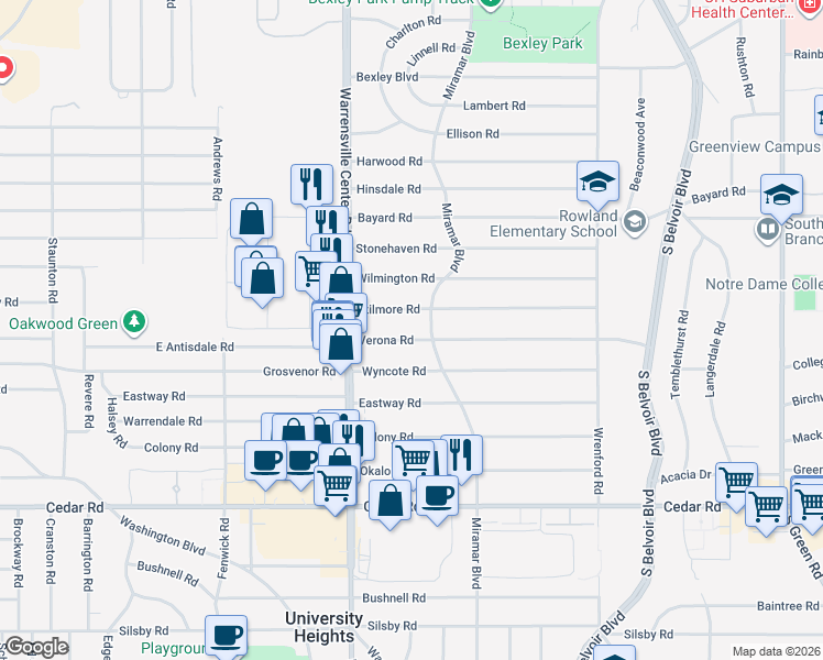 map of restaurants, bars, coffee shops, grocery stores, and more near 4055 Verona Rd in South Euclid