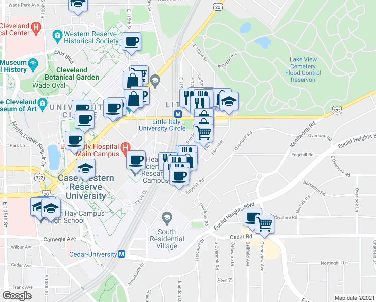 map of restaurants, bars, coffee shops, grocery stores, and more near 2085 Random Road in Cleveland