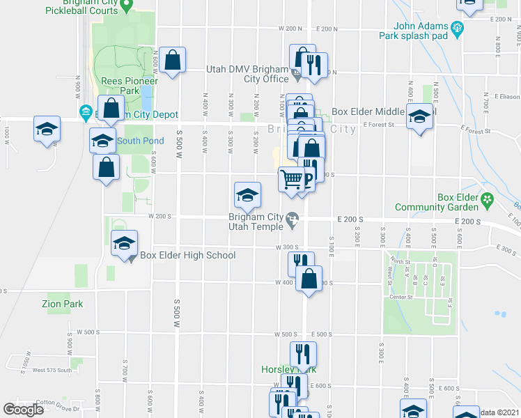 map of restaurants, bars, coffee shops, grocery stores, and more near 69 South 200 West in Brigham City