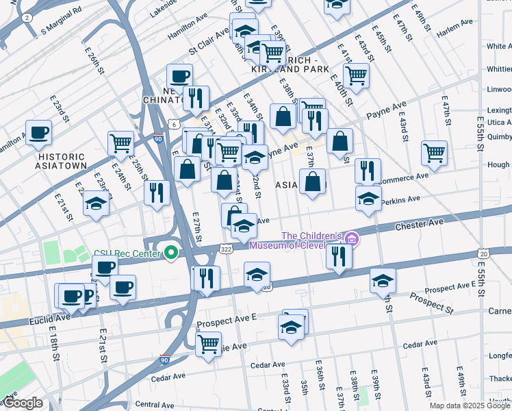map of restaurants, bars, coffee shops, grocery stores, and more near 1796 East 32nd Street in Cleveland