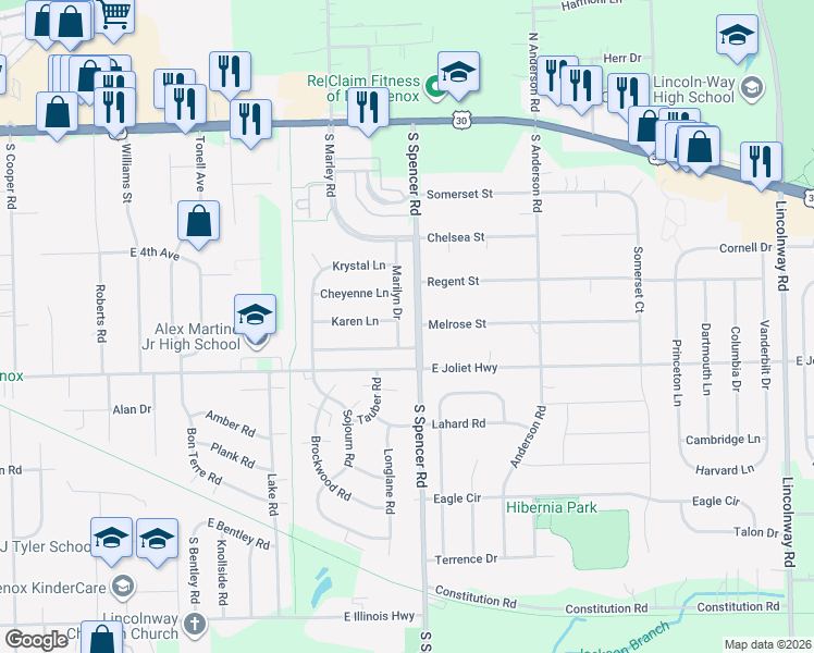 map of restaurants, bars, coffee shops, grocery stores, and more near 664 Marilyn Drive in New Lenox