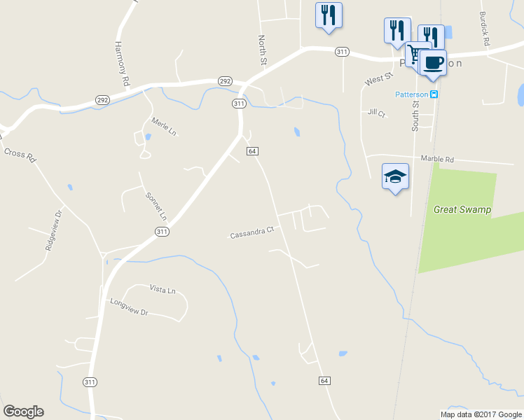 map of restaurants, bars, coffee shops, grocery stores, and more near 17 Cassandra Court in Patterson