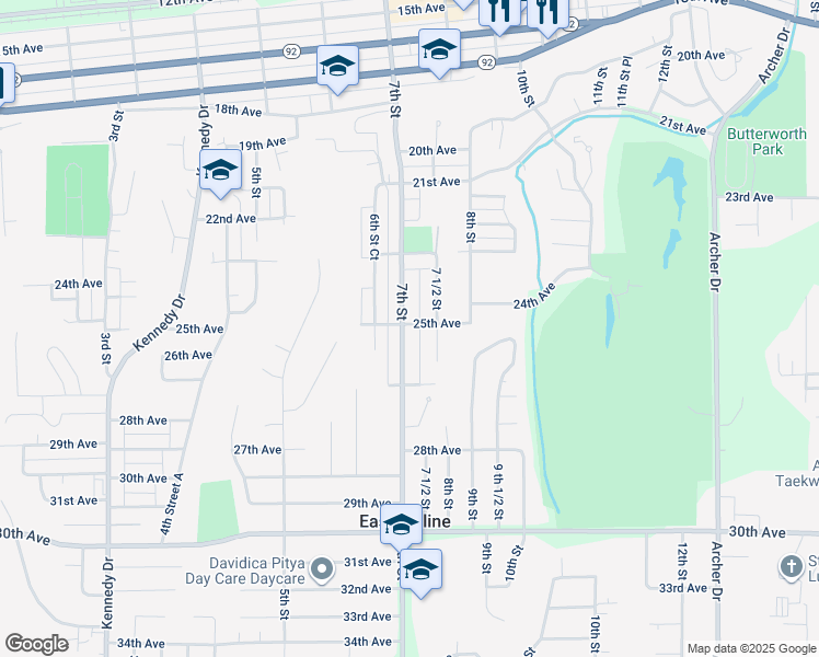 map of restaurants, bars, coffee shops, grocery stores, and more near 2502 7th Street in East Moline