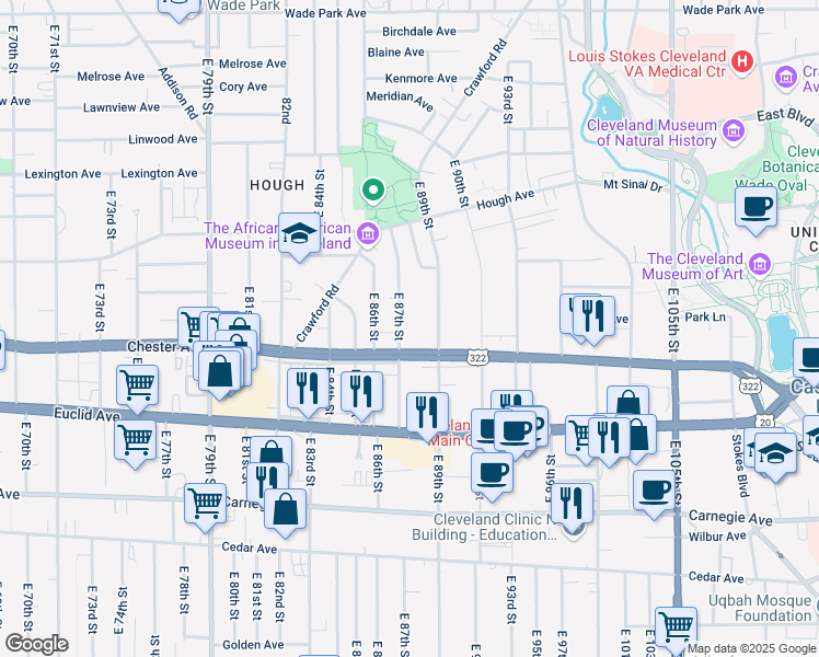 map of restaurants, bars, coffee shops, grocery stores, and more near 1855 East 87th Street in Cleveland