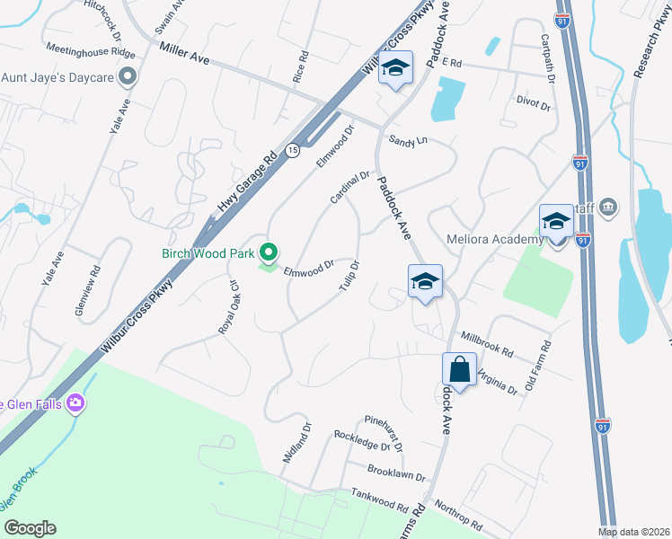map of restaurants, bars, coffee shops, grocery stores, and more near 311 Elmwood Drive in Meriden