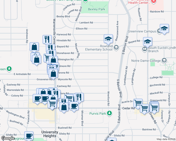 map of restaurants, bars, coffee shops, grocery stores, and more near 4141 Verona Road in South Euclid