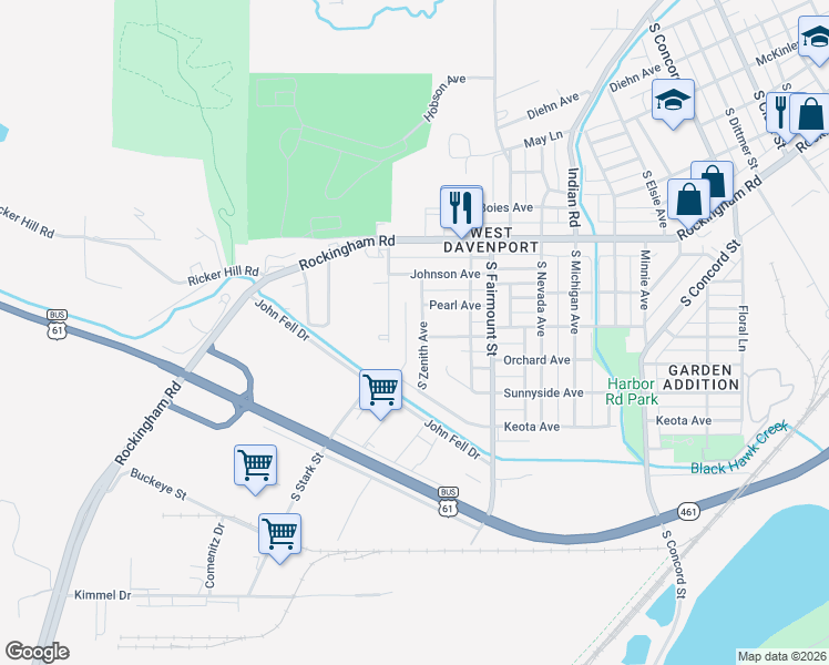 map of restaurants, bars, coffee shops, grocery stores, and more near 1116 South Zenith Avenue in Davenport