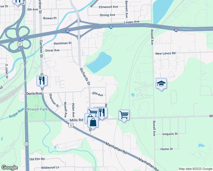 map of restaurants, bars, coffee shops, grocery stores, and more near 421 Doris Avenue in Joliet