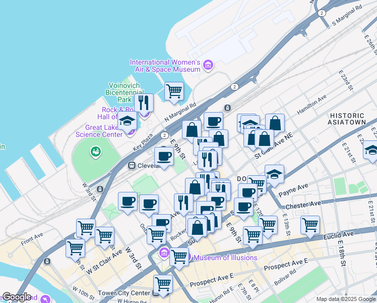 map of restaurants, bars, coffee shops, grocery stores, and more near 901 Lakeside Avenue East in Cleveland