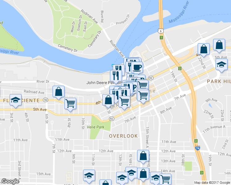 map of restaurants, bars, coffee shops, grocery stores, and more near 1311 4th Avenue in Moline