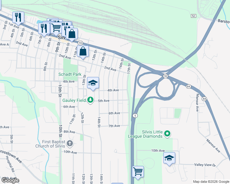 map of restaurants, bars, coffee shops, grocery stores, and more near 402 16th St in Silvis
