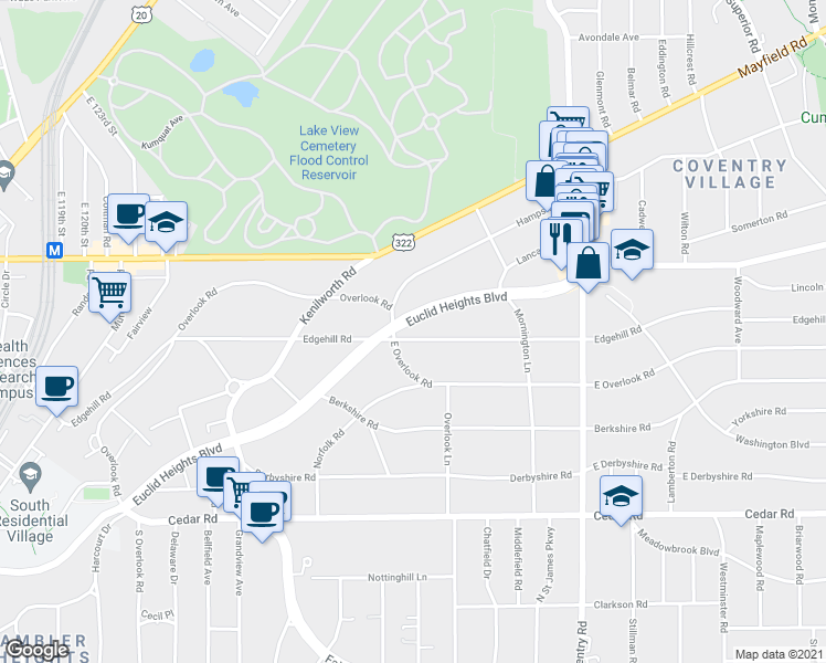 map of restaurants, bars, coffee shops, grocery stores, and more near 2611 Edgehill Road in Cleveland Heights