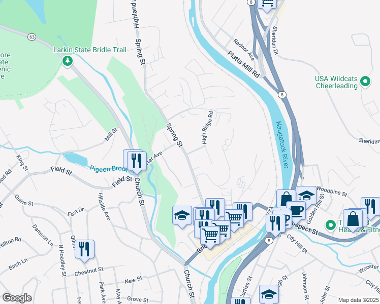 map of restaurants, bars, coffee shops, grocery stores, and more near 4 Springdale Ave in Naugatuck