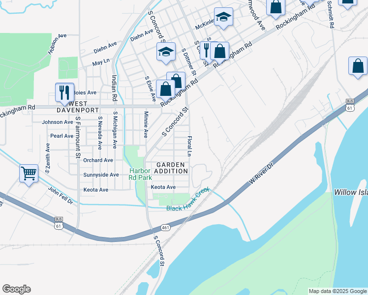 map of restaurants, bars, coffee shops, grocery stores, and more near 3110 Homestead Avenue in Davenport