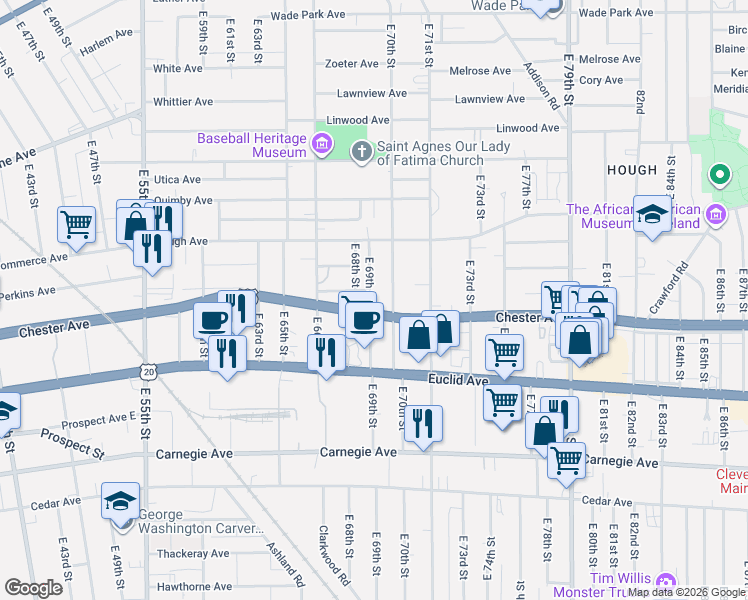 map of restaurants, bars, coffee shops, grocery stores, and more near 1915 E 69th St in Cleveland
