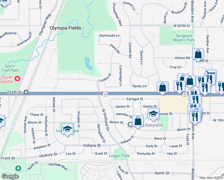 map of restaurants, bars, coffee shops, grocery stores, and more near 2828 Cambridge Lane in Olympia Fields
