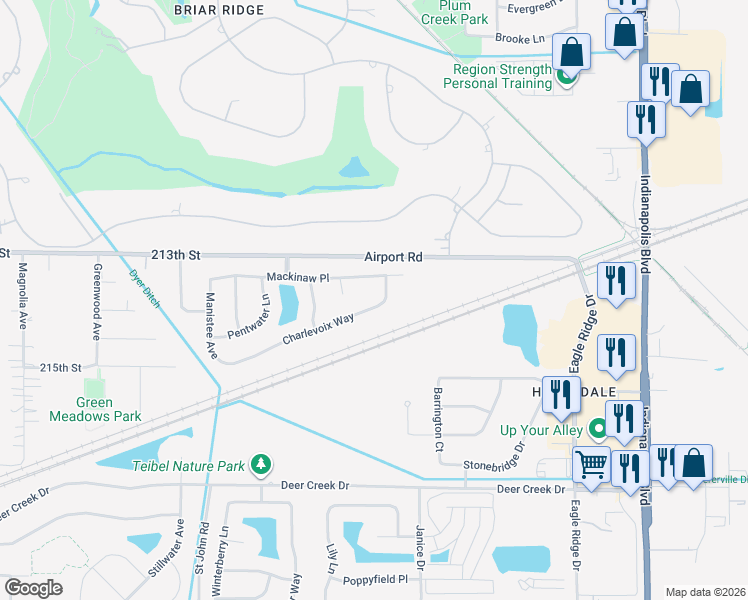 map of restaurants, bars, coffee shops, grocery stores, and more near 1310 Charlevoix Way in Schererville