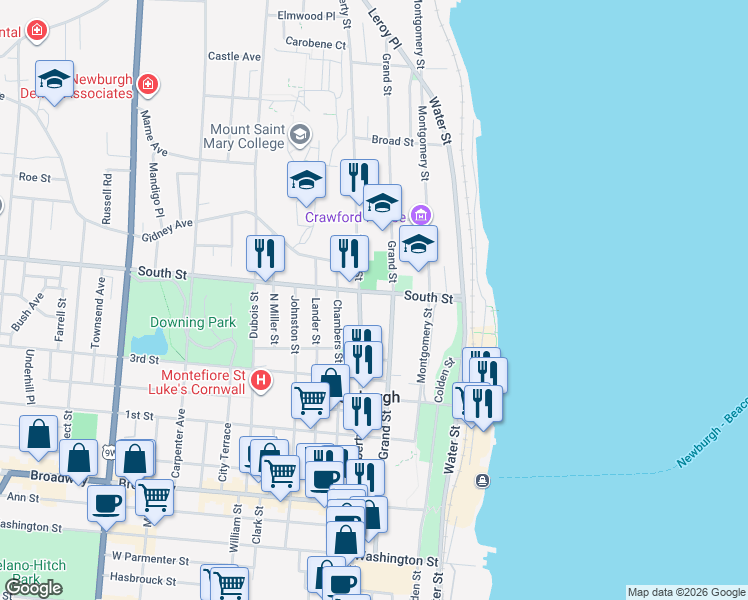 map of restaurants, bars, coffee shops, grocery stores, and more near 115 South Street in Newburgh