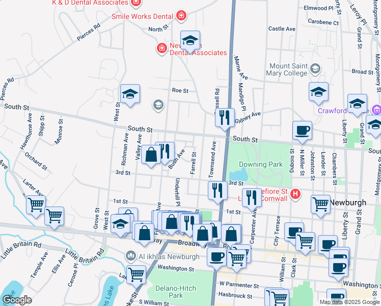 map of restaurants, bars, coffee shops, grocery stores, and more near 23 Farrell Street in Newburgh