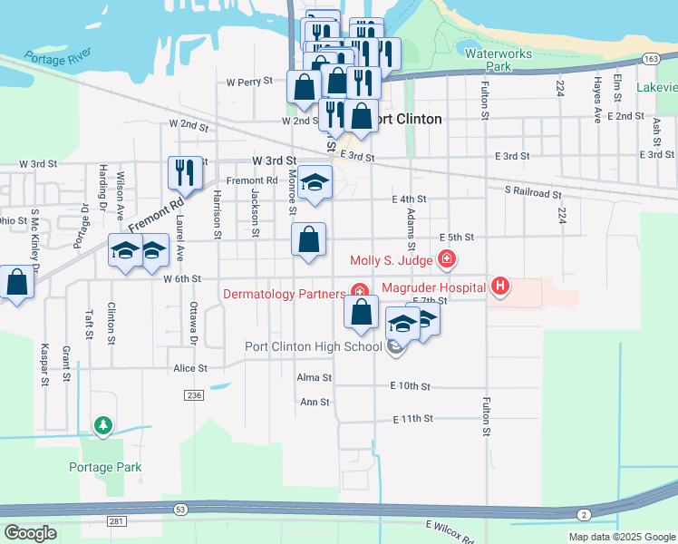 map of restaurants, bars, coffee shops, grocery stores, and more near 529 Madison Street in Port Clinton