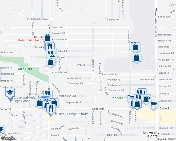 map of restaurants, bars, coffee shops, grocery stores, and more near 3653 Antisdale Avenue in Cleveland Heights