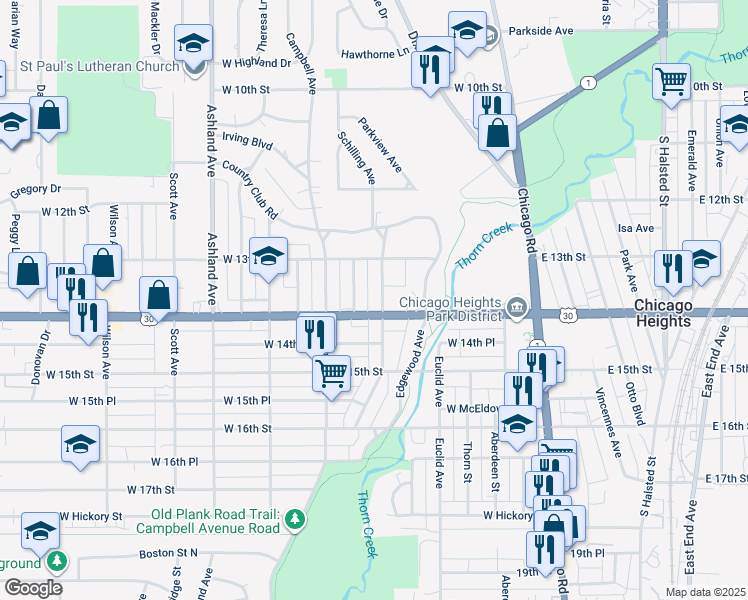 map of restaurants, bars, coffee shops, grocery stores, and more near 1340 Schilling Avenue in Chicago Heights