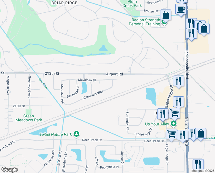 map of restaurants, bars, coffee shops, grocery stores, and more near 1310 Charlevoix Way in Schererville