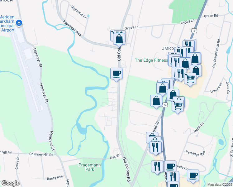 map of restaurants, bars, coffee shops, grocery stores, and more near 1245 Old Colony Road in Wallingford