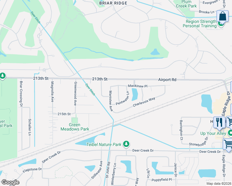 map of restaurants, bars, coffee shops, grocery stores, and more near 822 New Buffalo Dr in Schererville