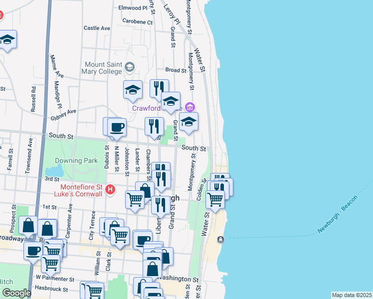 map of restaurants, bars, coffee shops, grocery stores, and more near 85 South Street in Newburgh